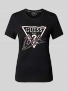 Guess T-Shirt mit Label-Print und Ziersteinbesatz in Black, Größe XS