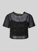 LACE & BEADS Cropped T-Shirt mit Rundhalsausschnitt in Black, Größe S