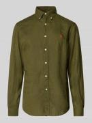 Polo Ralph Lauren Slim Fit Leinenhemd mit Logo-Stitching in Oliv, Größ...