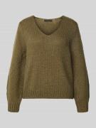 Oui Strickpullover mit V-Ausschnitt in Oliv, Größe 34