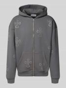REVIEW Sweatjacke mit Strasssteinbesatz und Kapuze in Dunkelgrau, Größ...