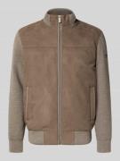 bugatti Strickjacke mit Velourfront und Stehkragen in Taupe, Größe L