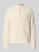 REVIEW Strickpullover mit Stehkragen und Reißverschluss in Ecru, Größe...