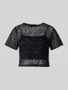 LACE & BEADS Cropped T-Shirt aus Mesh mit Pailletten in Black, Größe S