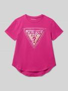 Guess T-Shirt mit Strasssteinbesatz und Logo-Print in Fuchsia, Größe 1...