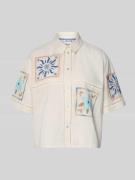 Jake*s Casual Bluse aus Leinen-Baumwoll-Mix mit Motiv-Stitching in Bei...