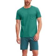Calida Relax Imprint O Neck Short Pyjama Grün Baumwolle Small Herren